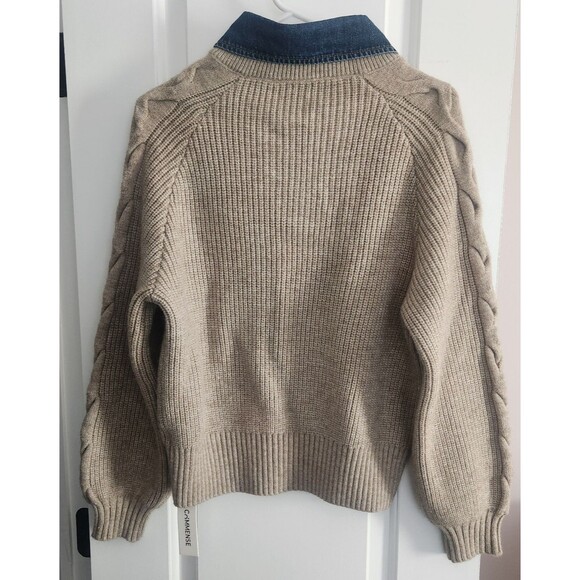 NWT COMMENSE Denim Collar Layered Sweater Beige Knit Sweater XS oversized fit - Picture 4 of 8